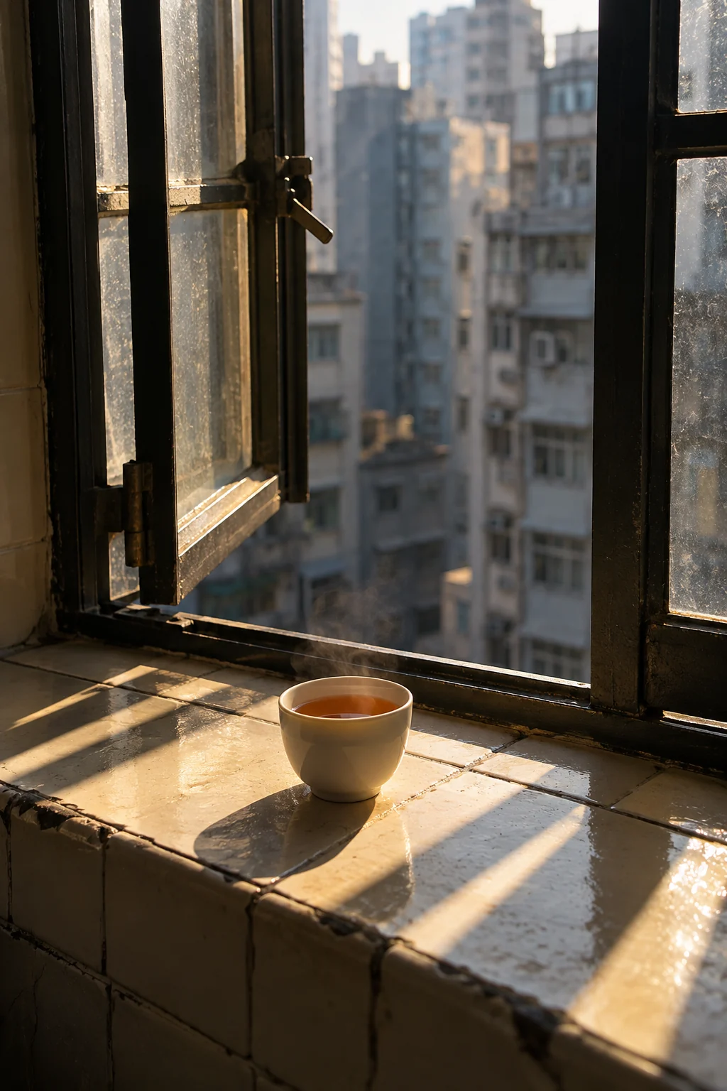 Generated study of tea on a sunlit tiled windowsill in Hong Kong