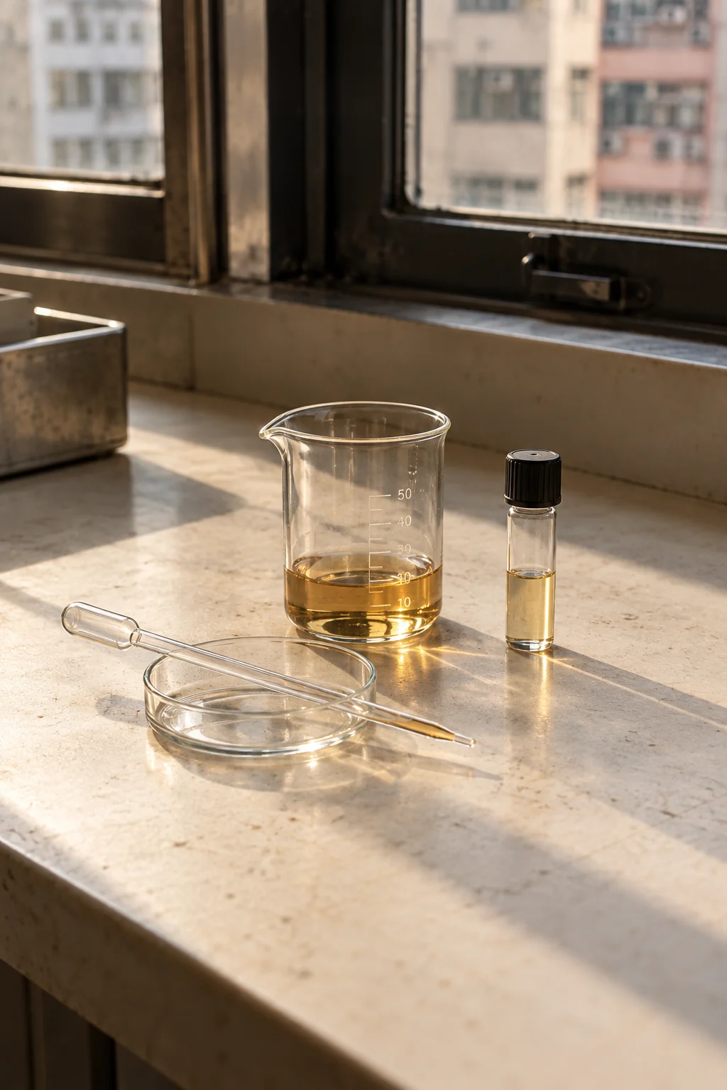 Generated study of amber liquid, glassware and a pipette on a sunlit ivory laboratory bench