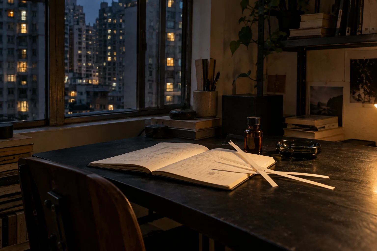 Notebook, scent blotters and amber glass beside a Hong Kong window at dusk
